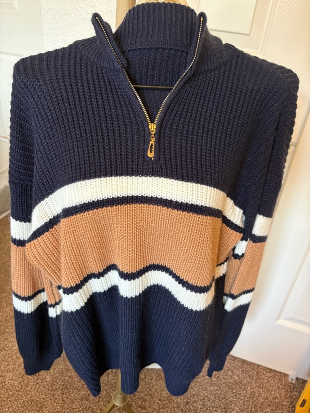 SHEIN Navy, Camel & White Striped Half-Zip Pullover
